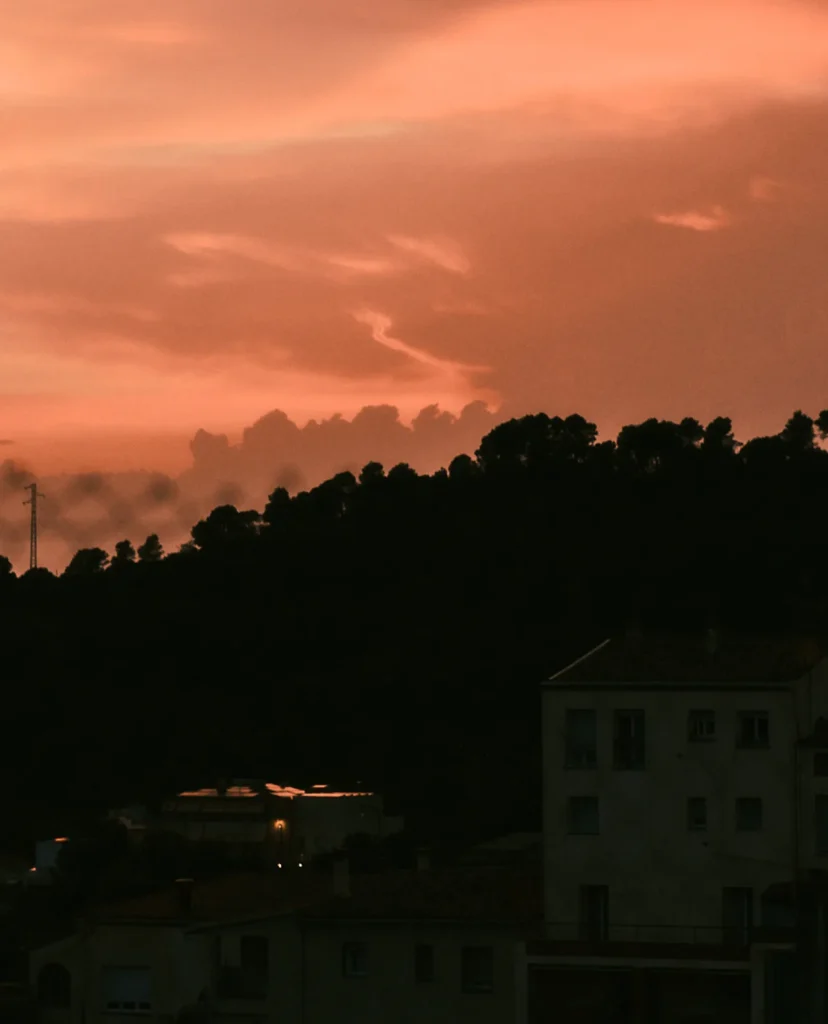Dramatic orange and pink sunset sky over dark silhouetted trees and residential buildings on a hillside.