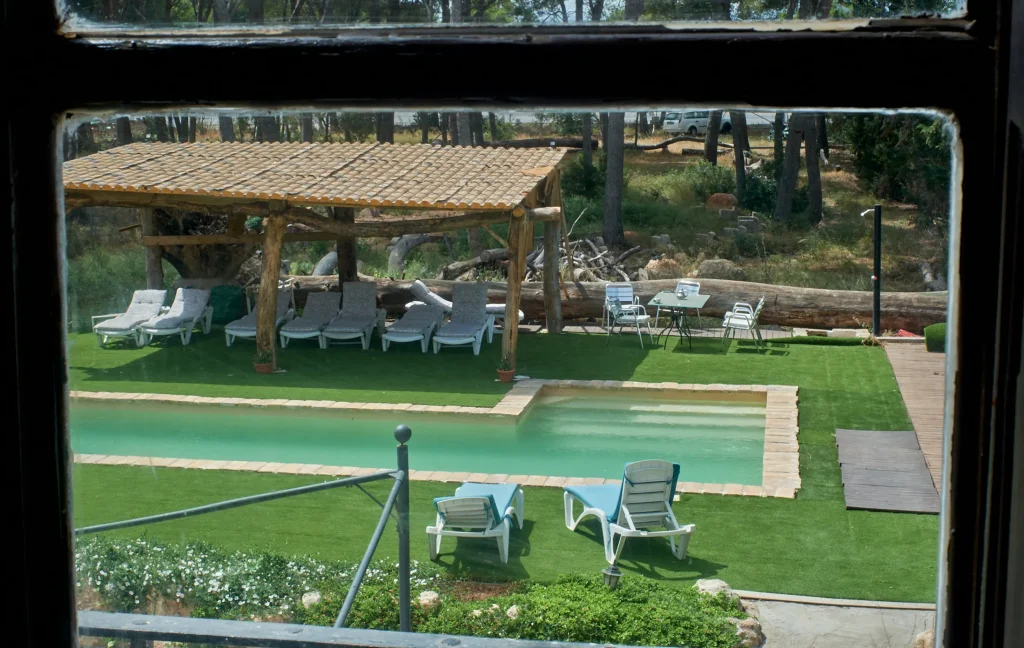 Elevated view of the hotel pool and terrace area, showing lounge chairs, synthetic grass, a thatched pergola, and surrounding pine forest.