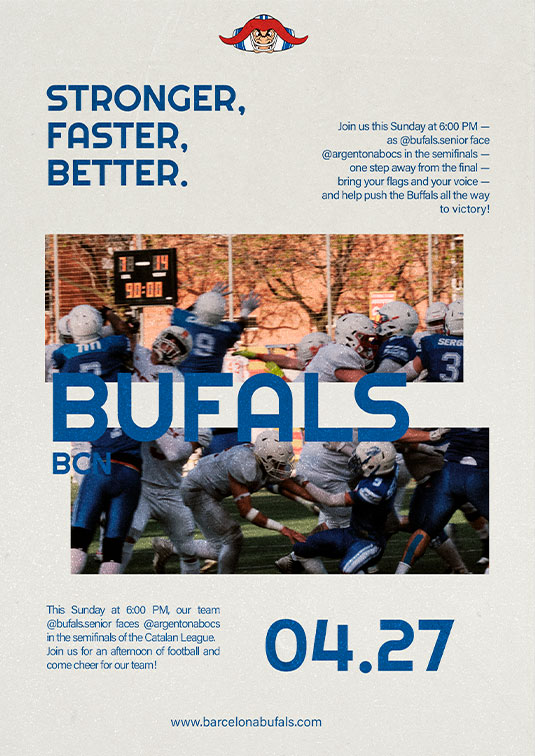 Action sports photography poster for Barcelona Bufals American Football team, capturing a key play and game intensity, used for European league promotion.