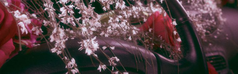 Close-up detail of red roses and baby's breath covering the car's steering wheel for the surreal scene.