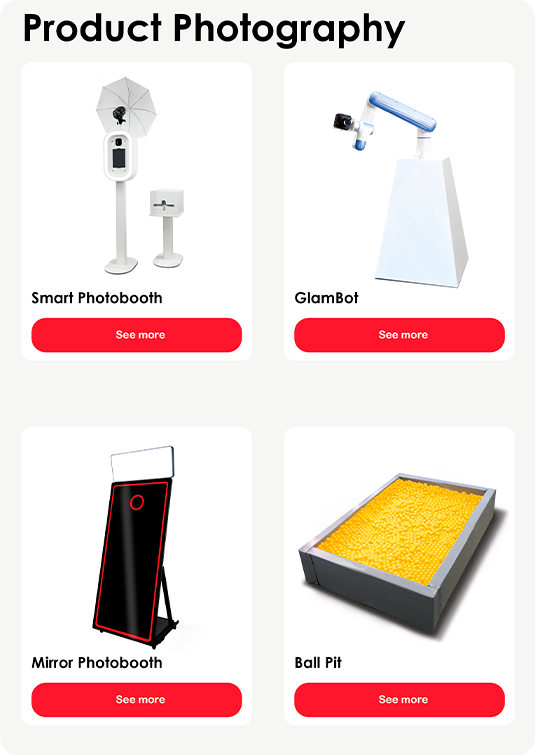 Commercial product photography portfolio image showcasing event rental hardware, including Smart Photobooth, GlamBot, and Mirror Photobooth for event services in Barcelona and Europe