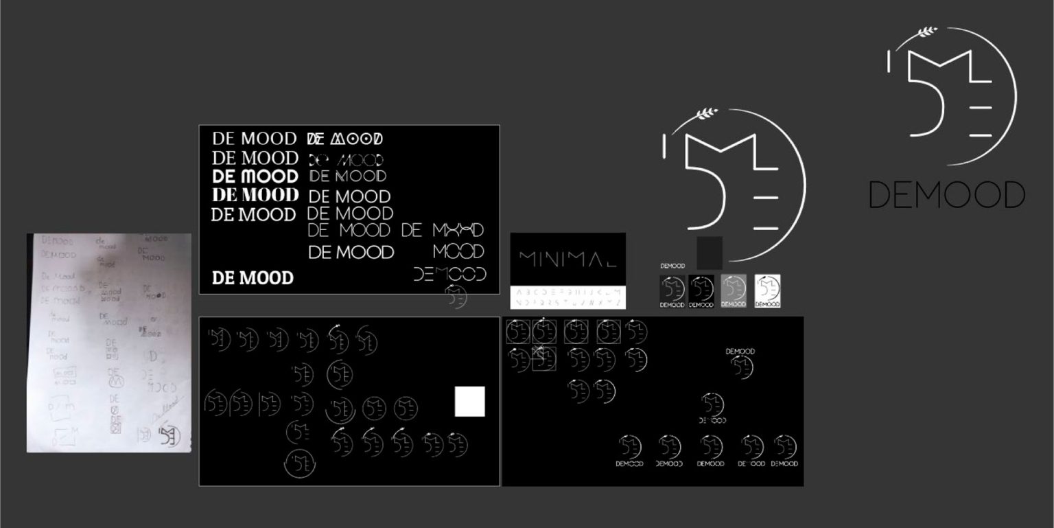Final logo design and visual identity concept for the home decor brand 'Demood', emphasizing minimalist typography and modern aesthetic