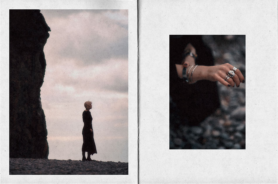 Editorial portrait photography spread featuring a moody landscape profile and a detailed close-up of rings and jewellery accessories, shot for a fashion Zine in Europe.
