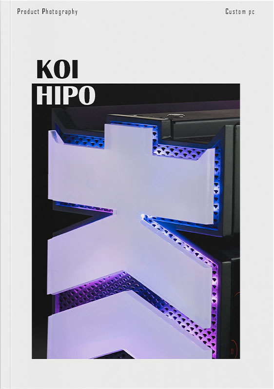 Product photography cover for high-end custom gaming PC hardware (HipoVerso) in collaboration with KOI eSports team, featuring illuminated branding.
