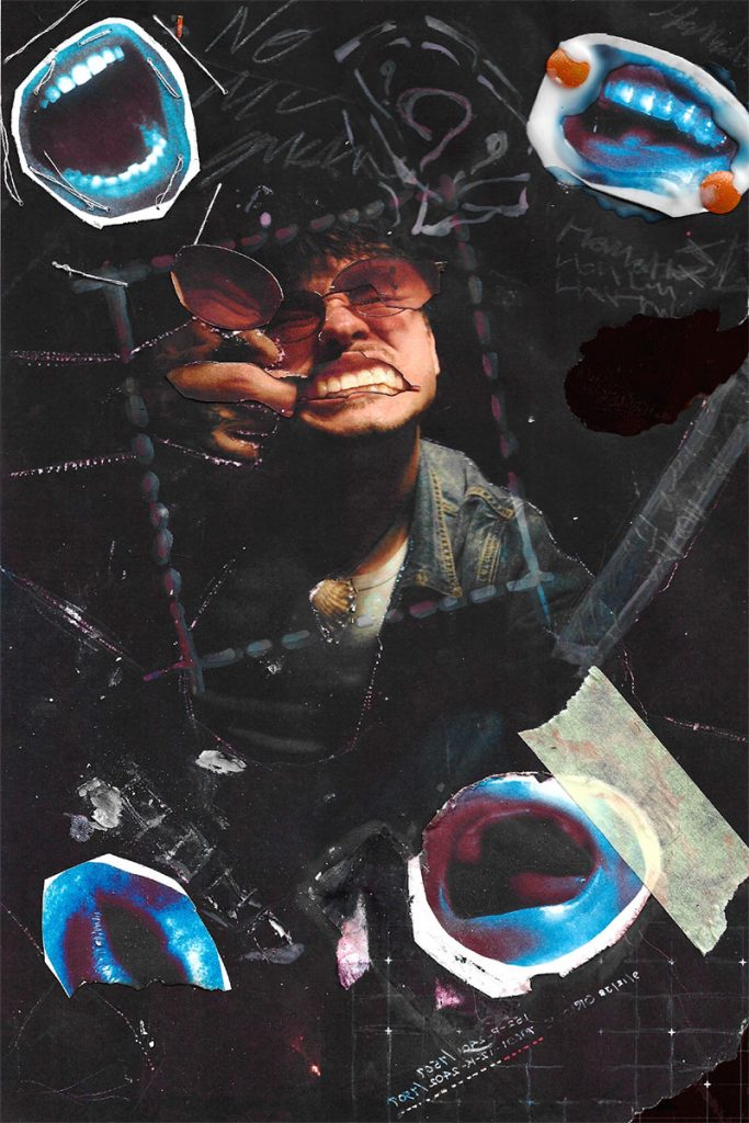 Avant-garde music lifestyle portrait with grunge aesthetic collage design, showcasing post-production and editing skills for artists and event promoters in Europe.