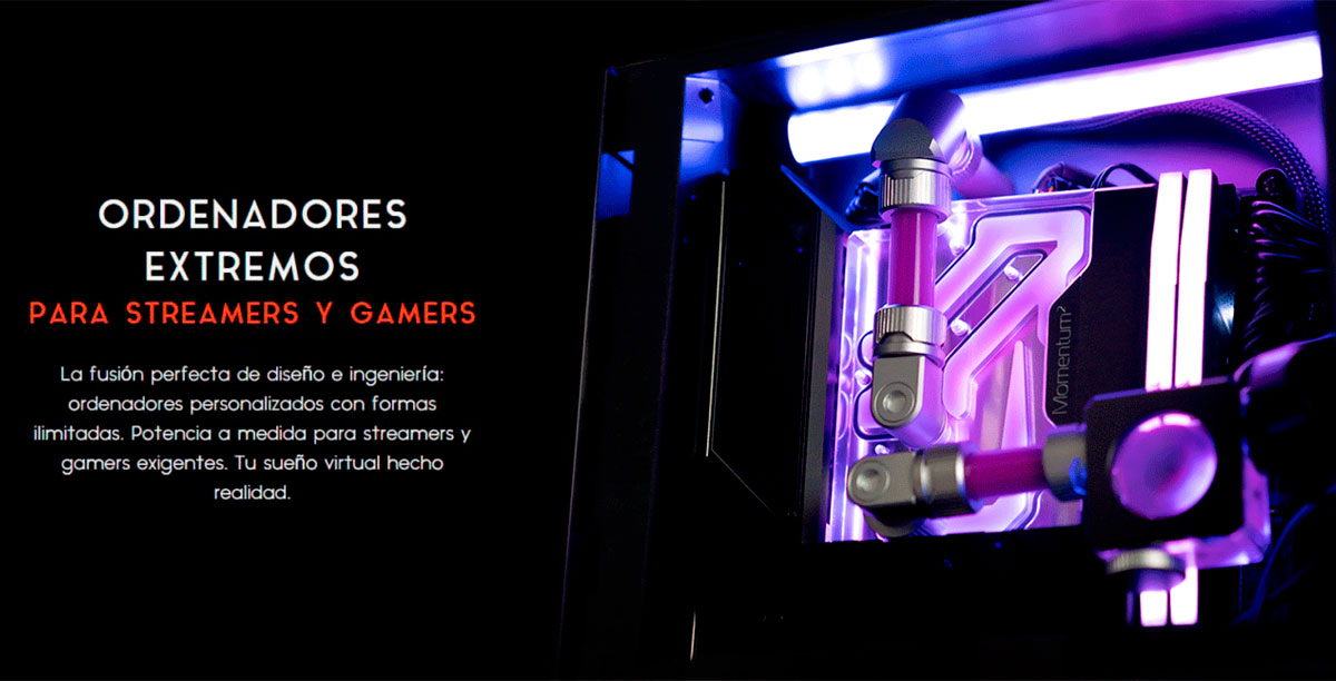 Promotional banner for HIPO custom gaming computers. Text reads: "ORDENADORES EXTREMOS PARA STREAMERS Y GAMERS" (Extreme computers for streamers and gamers), displayed next to the internal liquid cooling hardware with purple RGB lighting.