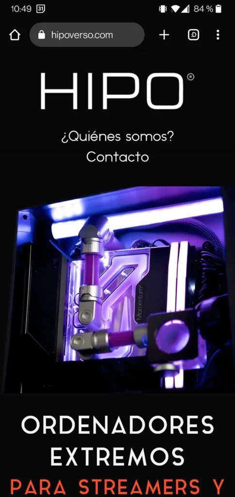 Mobile screenshot of the https://www.google.com/search?q=Hipoverso.com website featuring the water-cooled PC and text advertising "Extreme computers for streamers."