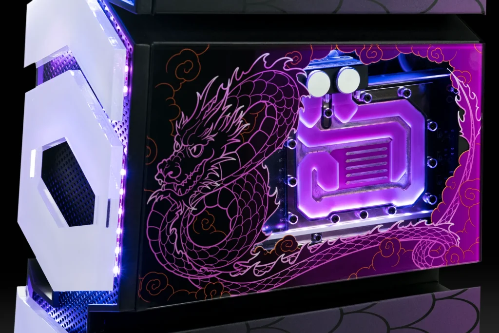 Custom KOI Esports Gaming PC case detail showing a purple dragon etching, an illuminated watercooling block, and white front panel accents.