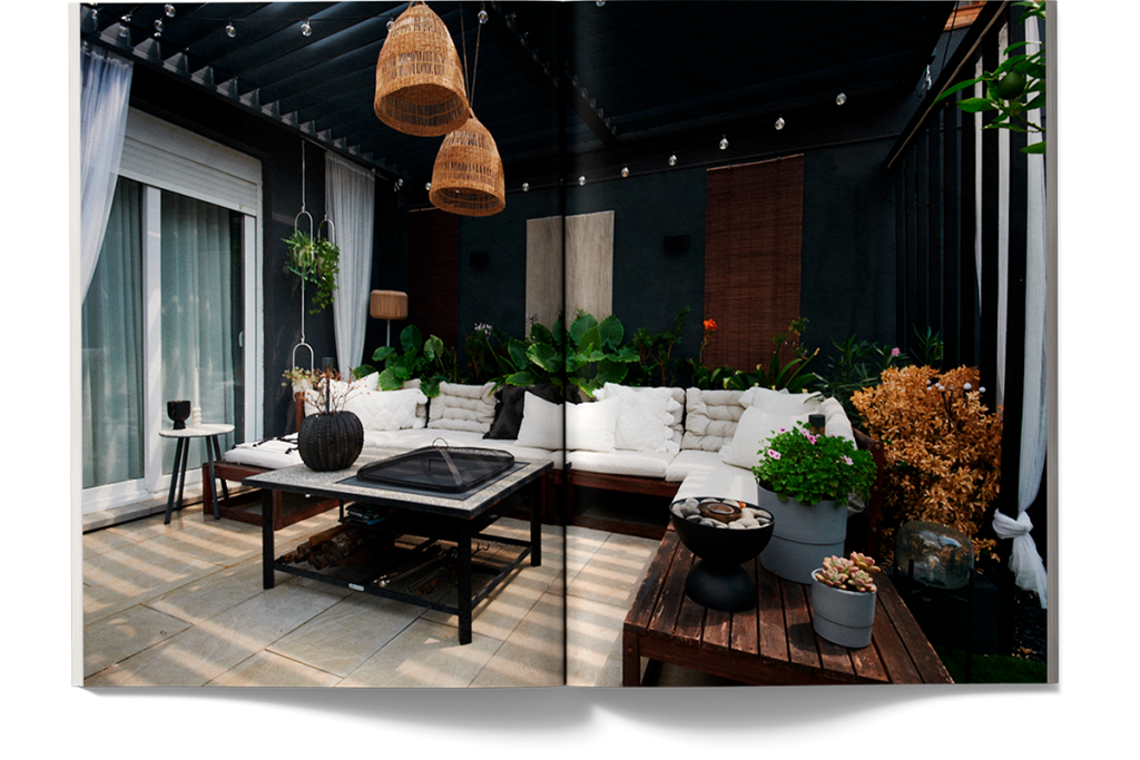 Published architectural photography spread for Demood Magazine, showcasing luxury outdoor terrace design with dark pergolas, wicker lighting, and Mediterranean style furniture.