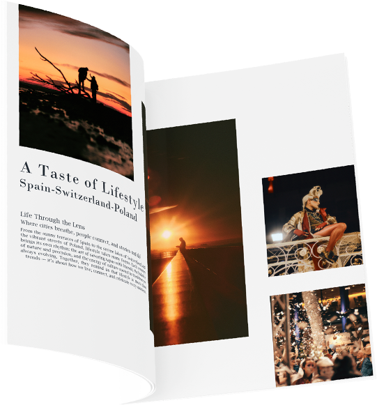 Editorial travel lifestyle photography spread featuring sunset landscape and vibrant event nightlife, used for "A Taste of Lifestyle" magazine covering Spain, Switzerland, and Poland destinations.