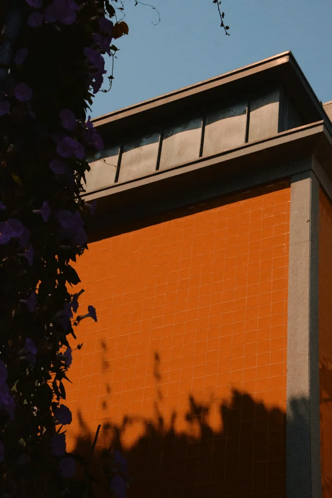 Minimalist urban architecture photography featuring a bright orange tiled facade with sharp lines, framed by dark purple flowers, emphasizing modern geometric design in Portugal