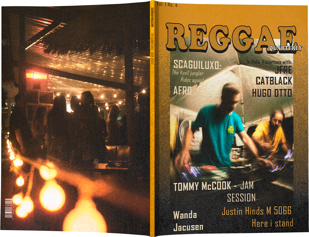 Cover design for Reggae Quarterly magazine, featuring candid music event photography of DJs mixing vinyl in a dark, atmospheric venue, captured with documentary and lifestyle style.