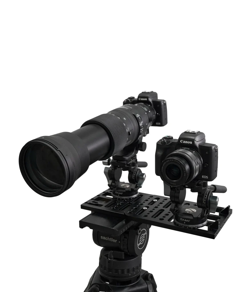 Professional event photography equipment showing two Canon cameras mounted on a rig, one with a long telephoto zoom lens (SuperZoom/CloseUp).